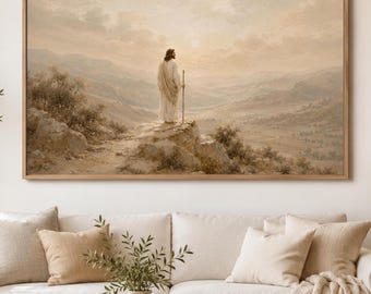 Jesus on the Mountain Wall Art, Christian Landscape Print, Neutral Beige Bible Decor, Faith Digital Download, Samsung Frame TV Art