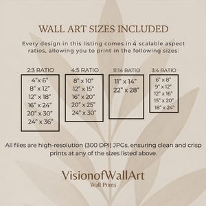 May include: A beige informational graphic titled WALL ART SIZES INCLUDED. It lists four aspect ratios with corresponding imperial dimensions in inches, ranging from 4x6 to 24x36. It states all files are high-resolution 300 DPI JPGs by VisionofWallArt.