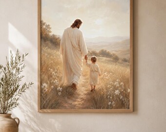Jesus and Child Walking Faith Art Print, Neutral Nursery Decor (Digital Download)