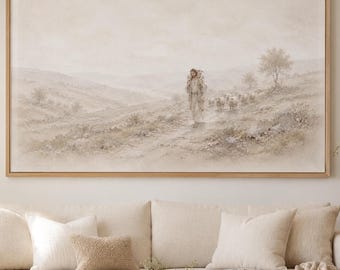 Good Shepherd Wall Art, Jesus with Lamb Print, Neutral Beige Christian Decor, Biblical Landscape Digital Download, Samsung Frame TV Art