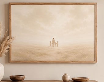Jesus with Children Wall Art, Christian Nursery Print, Beige Bible Art, Kids Room Decor, Neutral Printable, Samsung Frame TV Art Download