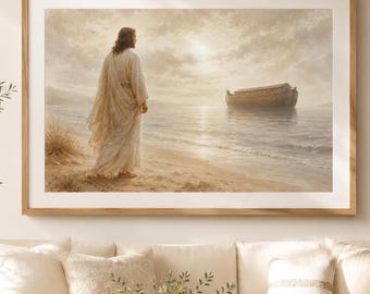 Noah’s Ark Wall Art, Jesus by the Sea Print, Neutral Christian Decor, Biblical Landscape Printable, Digital Download, Samsung Frame TV Art
