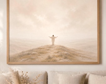 Jesus Open Arms Wall Art, Christian Printable, Beige Bible Art, Hilltop Landscape, Neutral Prayer Room Decor, Samsung Frame TV Art Print