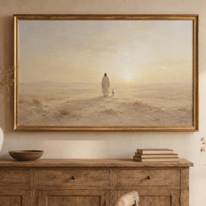 Jesús caminando con el cordero, arte mural cristiano, lámina de fe del desierto neutral, decoración de paisaje imprimible, regalo artístico para televisor Samsung Frame