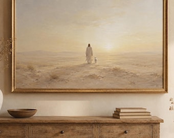 Jesus Walking with Lamb,Christian Wall Art,Neutral Desert Faith Print, Printable Landscape Decor, Samsung Frame TV Art Gift