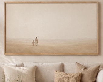 Jesus and Child Wall Art, Christian Printable, Neutral Beige Faith Landscape, Minimalist Bible Art, Samsung Frame TV Digital Download