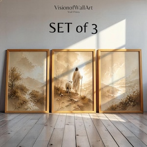 Kristen triptyk väggkonst set, Jesus herde utskrivbar, neutral bibelväggdekor, 3-delad religiös digital nedladdning