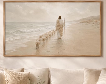 Jesus Wall Art Print, Good Shepherd Coastal Beach Printable, Christian Neutral Beige Painting, Bible Landscape Samsung Frame TV Art