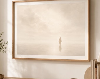 Jesus Walking on Water Wall Art, Christian Printable, Beige Bible Art, Minimalist Seascape, Prayer Room Decor, Samsung Frame TV Art Download