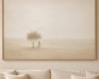 Jesus Olive Tree Print, leave the 99, Neutral Christian Landscape, Shepherd Lamb Bible Decor (Digital Download)