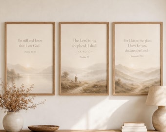 Christian Wall Art Set of 3, Neutral Bible Verse Prints, Psalm 23, Jeremiah 29 11, Psalm 46 10, Minimalist Beige Scripture Digital Download