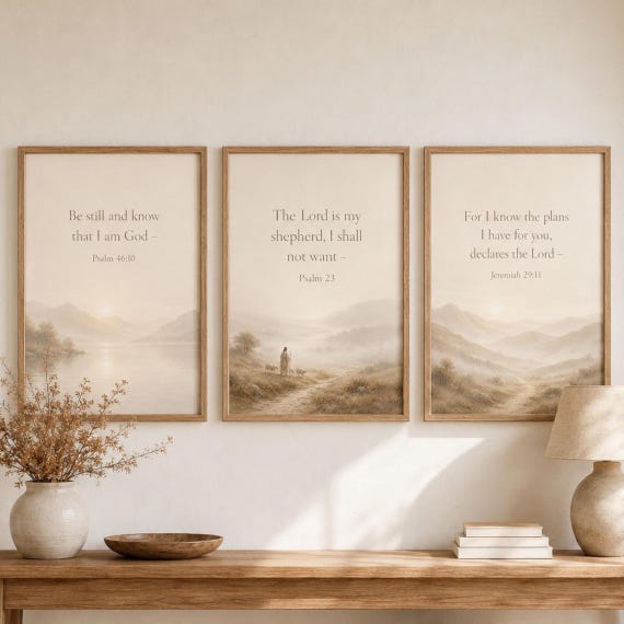Christian Wall Art Set of 3, Neutral Bible Verse Prints, Psalm 23, Jeremiah 29 11, Psalm 46 10, Minimalist Beige Scripture Digital Download