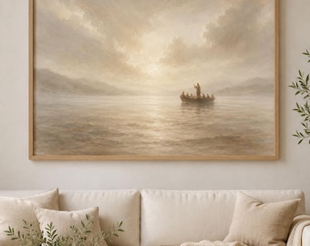 Jesus Teaching Boat Wall Art, Sea of Galilee Painting, Neutral Bible Decor (Digital Download)