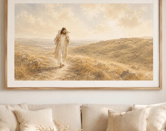 Jesus Good Shepherd Wall Art Printable, Christian Wall Decor, Neutral Beige Religious Print, Faith Digital Download, Samsung Frame TV Art