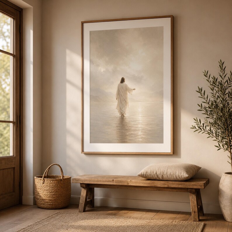 Jesus Walking on Water Wall Art, Neutral Christian Printable, Beige Jesus Christ Print, Faith Home Decor, Prayer Room Digital Download image 7
