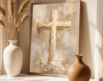 Gold Cross Wall Art Print, Neutral Christian Printable Decor, Beige Faith Poster, Modern Religious Digital Download