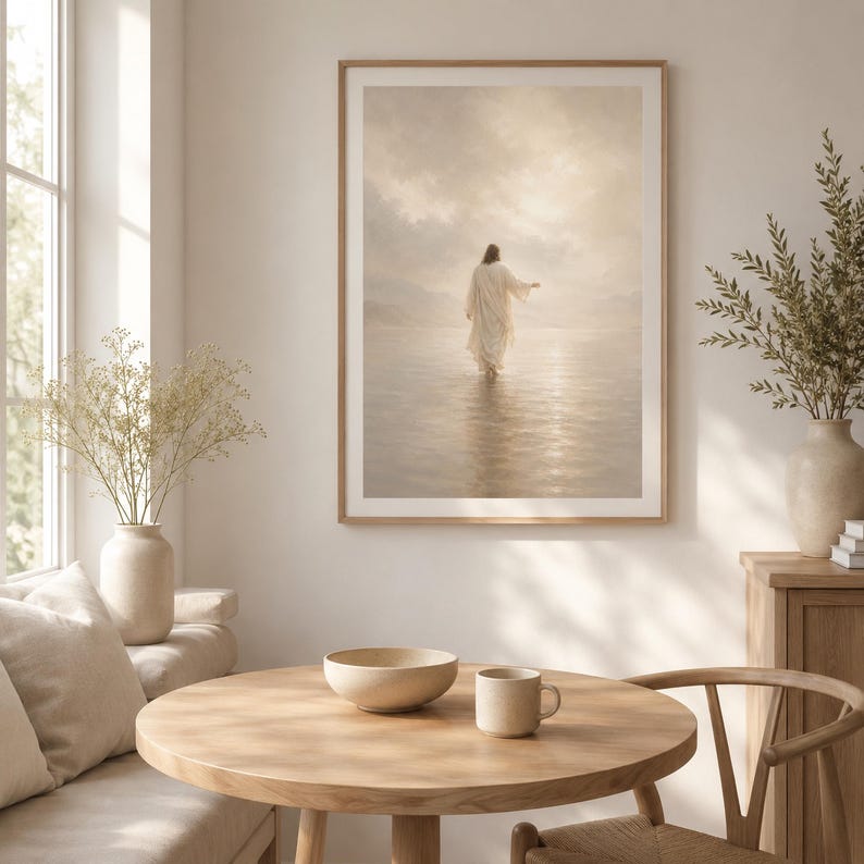 May include: A framed wall art print featuring a figure in a long white robe walking across a calm, reflective body of water toward a bright, hazy horizon. The scene is rendered in soft, neutral beige and cream tones with a glowing light effect.