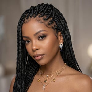May include: A woman with long black braids wearing gold necklaces and diamond-shaped earrings with blue accents. The necklaces have various gemstone pendants, including clear quartz and amber-colored stones. The earrings and necklaces are delicate and elegant.
