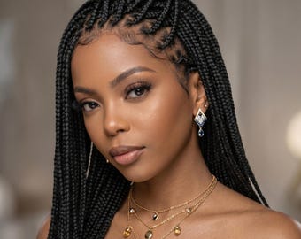 Peruca feminina preta com tranças box braids e lace frontal, peruca sintética com lace completa, cabelo de alta densidade para uso diário.