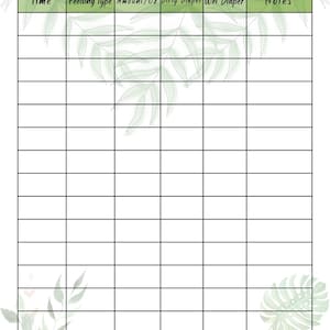 Op de afbeelding: Een afdrukbaar babyvoedings- en luierlogboek met een groen en wit botanisch ontwerp. Het logboek bevat secties voor tijd, voedingstype, hoeveelheid, vuile luier, natte luier en notities. De titel is "Baby Feeding & Diaper Log".