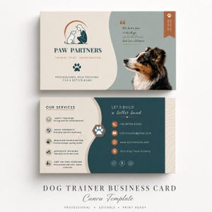Könnte beinhalten: Eine zweiseitige Visitenkartenvorlage für Hundetrainer mit einem Logo aus Mensch und Hund, dem Text PAW PARTNERS, einem Foto eines Australian Shepherd und einer Liste von Dienstleistungen wie Welpentraining und Verhaltensänderung.
