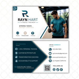 Könnte beinhalten: Eine doppelseitige Visitenkarte für Rayn Hart Fitness Trainer. Die Vorderseite zeigt ein Logo, den Text 'Strong Today, Stronger Tomorrow' und Symbole für Train, Transform, Thrive. Die Rückseite listet Dienstleistungen, Kontaktdaten und einen QR-Code.