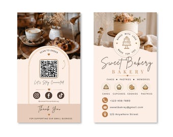 Editable Bakery Business Card Template: Vertical Cottagecore Canva Design with QR Code