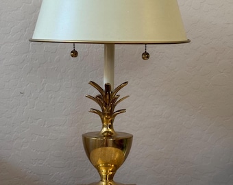 Vintage Bombay Company Brass Pineapple Table Lamp with Tole Shade | Hollywood Regency Double Pull Chain Accent Light