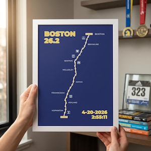 以下が含まれることがあります： 紺色の背景に「BOSTON 26.2」の文字が黄色で表示されたフレーム入りのプリント。黄色の線がマラソンコースを地名とともに示しています。「4-20-2026」の日付と「2:55:11」の時間が表示されています。プリントは手で持たれています。