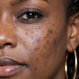 May include: Close-up of a person's face with dark skin and curly hair. The person has brown eyes, full lips, and a gold hoop earring. The skin has freckles and a natural texture.