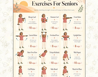 Standing Dumbbell Exercises For Seniors, Low Impact Home Workout, Elderly Strength Training Printable Poster