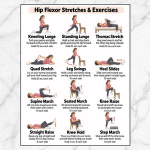 Op de afbeelding: Een witte instructieposter getiteld Hip Flexor Stretches & Exercises met twaalf geïllustreerde figuren in roze shirts en donkere leggings die verschillende bewegingen zoals lunges, stretches en marches demonstreren met beschrijvende tekstinstructies.