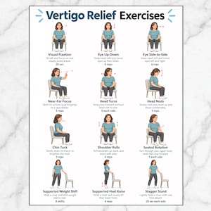 May include: An instructional poster titled Vertigo Relief Exercises featuring twelve illustrations of a person in a teal shirt and dark trousers performing physical movements while seated or standing by a chair, with text instructions for each exercise.