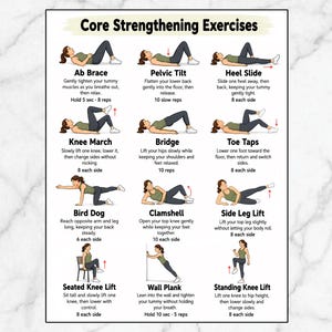 Puede incluir: Un póster instructivo blanco titulado Core Strengthening Exercises que presenta doce figuras ilustradas realizando varios movimientos, incluyendo Ab Brace, Pelvic Tilt, Heel Slide, Knee March, Bridge, Toe Taps, Bird Dog, Clamshell, Side Leg Lift, Seated Knee Lift, Wall Plank y Standing Knee Lift.