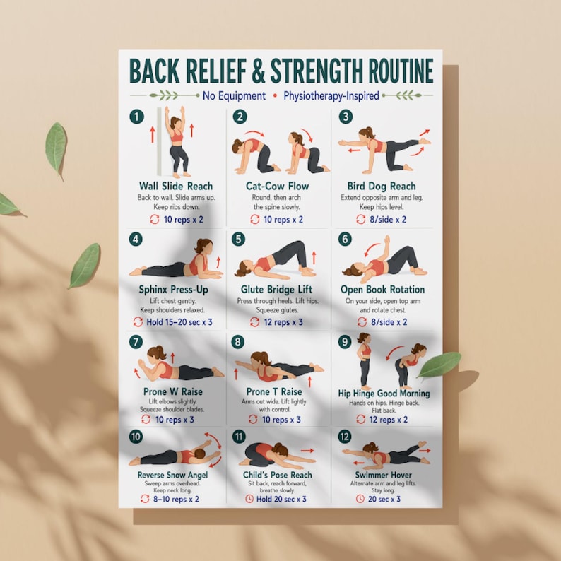 May include: A white instructional poster titled Back Relief & Strength Routine featuring twelve numbered illustrations of exercises. Each section includes a name, instructions, and repetition counts for movements like wall slides, cat-cow, and bird dog.