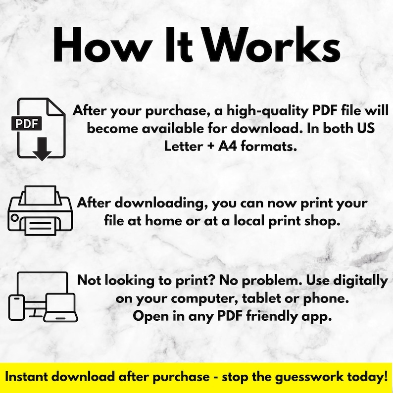 May include: A graphic titled "How It Works" detailing the process of downloading and using a PDF file. The image features icons for PDF, printer, and digital devices, with text explaining the steps for printing or using digitally.