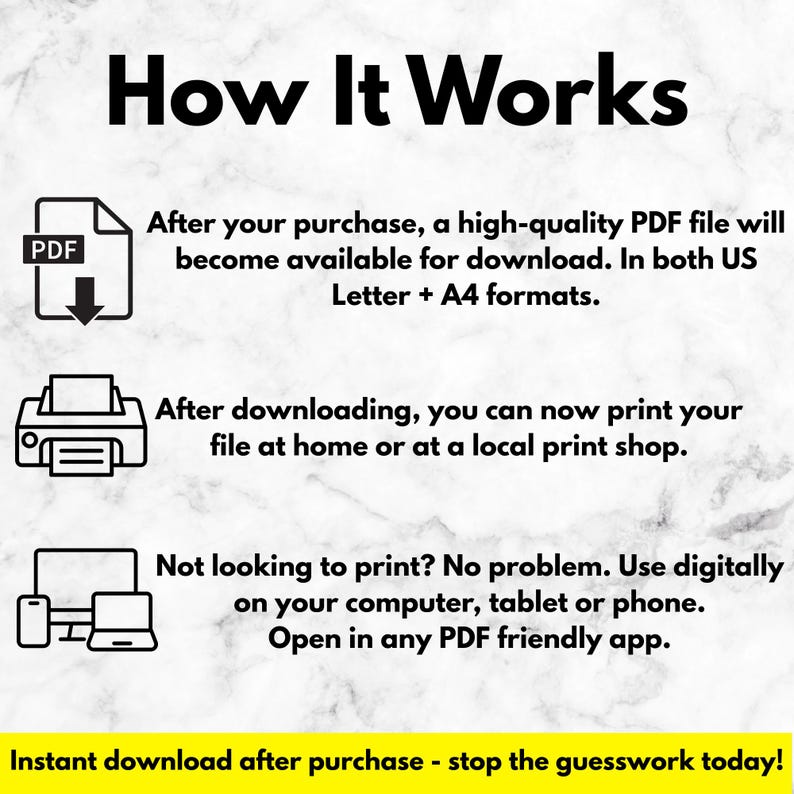 May include: An informational graphic titled "How It Works" with a white background and black text. It explains the process of downloading and using a PDF file, including printing options and digital use on various devices. The graphic includes icons for PDF, printer, and digital devices.