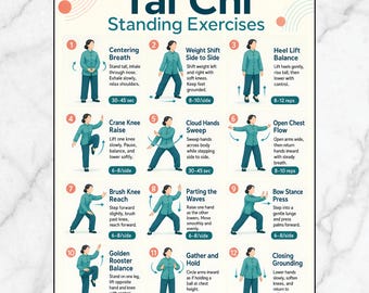 Esercizi di Tai Chi in piedi stampabili, Tai Chi camminato per anziani e principianti, allenamento per equilibrio e stabilità, poster delicato a basso impatto