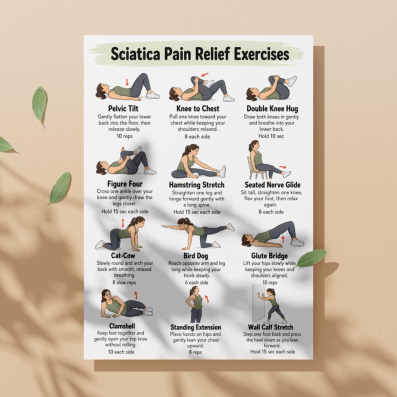 May include: A white informational poster titled Sciatica Pain Relief Exercises featuring twelve illustrated figures demonstrating various physical movements. Each section includes a specific exercise name, instructional text, and repetition counts.
