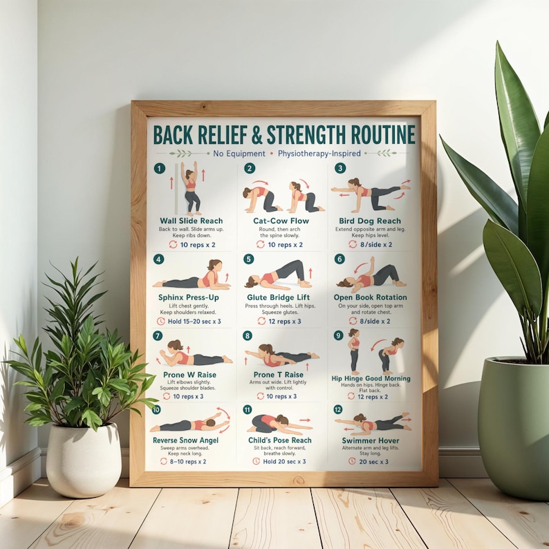 Back Relief & Strength Routine, Back Pain Exercises, Physiotherapy Inspired Chart, No Equipment Workout, Posture and Mobility Guide image 4
