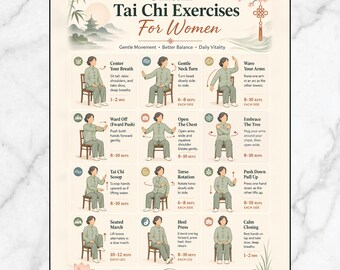 Esercizi di Tai Chi da seduti per donne, tabella di allenamento di Tai Chi da seduti stampabile, poster di esercizi di equilibrio e mobilità per principianti e anziani