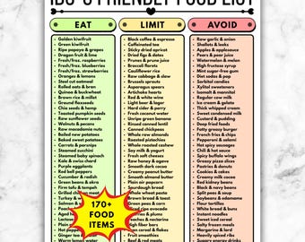 Lista degli alimenti per la sindrome dell'intestino irritabile con stitichezza, guida alla stitichezza a basso contenuto di FODMAP, tabella dietetica per la sindrome dell'intestino irritabile, PDF stampabile per limitare ed evitare gli alimenti