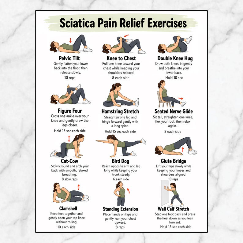 May include: An instructional chart titled Sciatica Pain Relief Exercises featuring twelve illustrations of a person in a green tank top and dark leggings performing various stretches, including pelvic tilts, knee to chest, and glute bridges with text.