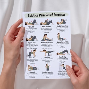 May include: A white instructional chart titled Sciatica Pain Relief Exercises featuring twelve illustrations of a person performing various physical movements, including pelvic tilts, knee to chest, and glute bridges, with descriptive text for each.
