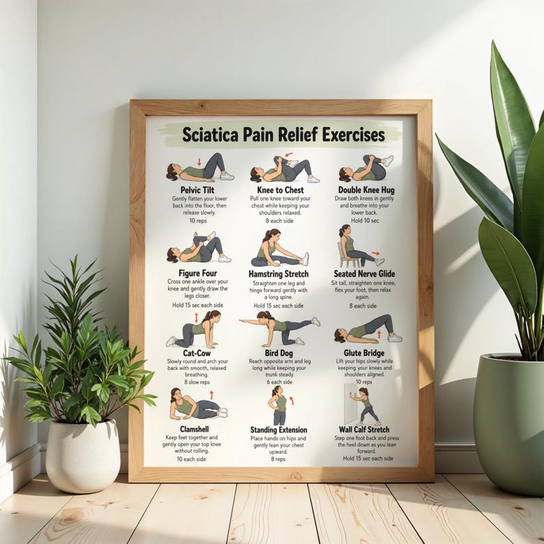May include: A framed educational poster titled Sciatica Pain Relief Exercises featuring twelve illustrated figures demonstrating various physical movements. The chart includes text instructions for each exercise, such as Pelvic Tilt, Knee to Chest, and Glute Bridge, printed in black on a white background.