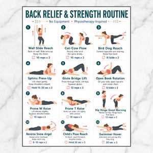 May include: A white instructional poster titled Back Relief & Strength Routine featuring twelve numbered illustrations of a person in red and black athletic wear performing various exercises with text instructions and repetition counts for each movement.