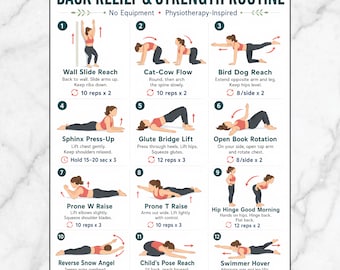 Back Relief & Strength Routine, Back Pain Exercises, Physiotherapy Inspired Chart, No Equipment Workout, Posture and Mobility Guide