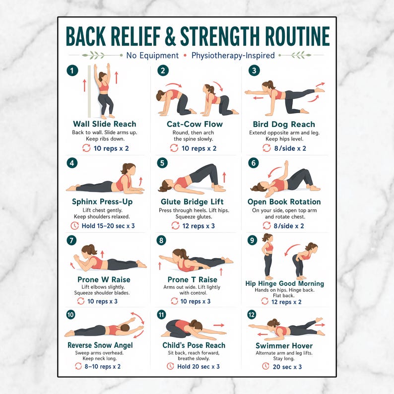 May include: A white instructional poster titled Back Relief & Strength Routine featuring twelve numbered illustrations of a person in red and black athletic wear performing various exercises with text instructions and repetition counts for each movement.