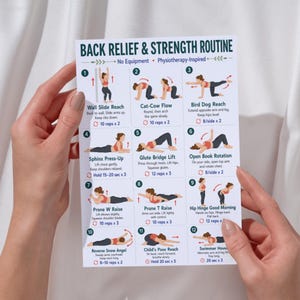 May include: A white instructional card titled Back Relief & Strength Routine featuring twelve numbered illustrations of exercises. Each section includes a name, brief instructions, and repetition counts for movements like wall slides, cat-cow, and bird dog.
