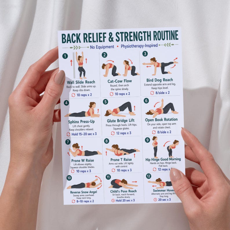 May include: A white instructional card titled Back Relief & Strength Routine featuring twelve numbered illustrations of exercises. Each section includes a name, brief instructions, and repetition counts for movements like wall slides, cat-cow, and bird dog.